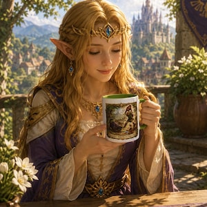 May include: A white ceramic mug with a green interior and handle, featuring a printed illustration of a fantasy scene with a figure and a creature. The mug is held by an individual with long blonde hair wearing a purple and gold gown and a tiara.