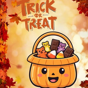 Könnte beinhalten: Ein Cartoon-Kürbiskorb mit einem lächelnden Gesicht, gefüllt mit Gummibärchen, Schokoriegeln und Candy Corn. Über dem Korb steht der Text TRICK OR TREAT mit einem kleinen Totenkopf-Symbol. Das Design ist von orangefarbenen Herbstblättern umrahmt.
