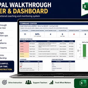 May include: A digital Excel template for a Principal Walkthrough Tracker and Dashboard displayed on a laptop screen. The interface features a Command Center with data tables, metrics, and a bar chart titled Staff by Observation Recency.