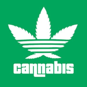 May include: A white cannabis leaf with three stripes across the middle, resembling the Adidas logo. The word "cannabis" is written in white below the leaf on a green background.