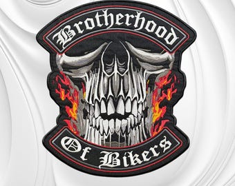 Brotherhood of Bikers Skull Embroidered Patch | 12"x13" Biker Vest Back Patch