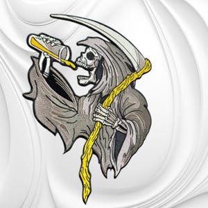 Drinking Reaper Embroidered Patch | 9" x 13" Grim Reaper Biker Vest Back Patch