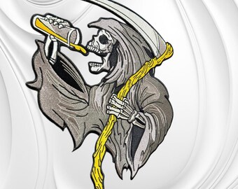 Drinking Reaper Embroidered Patch | 9" x 13" Grim Reaper Biker Vest Back Patch