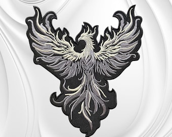 Large Silver Grey Phoenix Embroidered Patch | Biker Jacket Back Patch (9.75" x 11")