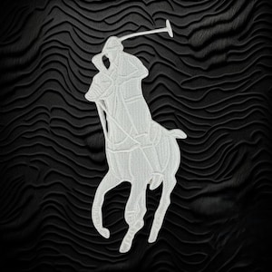 May include: A white embroidered patch featuring a polo player riding a horse and holding a mallet. The design is rendered in detailed stitching, showcasing the figure of the rider and the horse in motion, set against a black textured background.