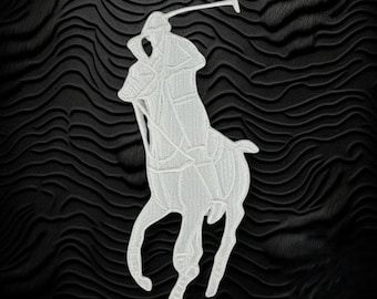 Polo Player Horse Embroidered Patch – 5" White Equestrian Applique (Iron-On/Sew-On)