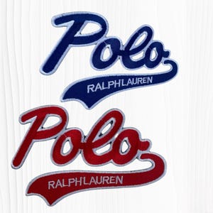 May include: Two embroidered fabric patches featuring the word Polo in a script font with the text RALPH LAUREN underneath. One patch is dark blue with white trim, and the other is red with white trim, both displaying a swooping tail design.