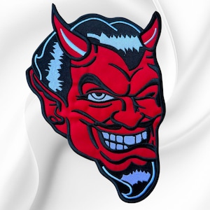 Red Devil Face Embroidered Patch: Horned Demon Applique (9.5 Inch)