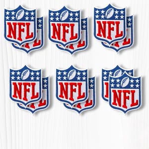 May include: A collection of six embroidered NFL shield patches arranged in two rows. Each patch features a blue background with white stars, a white football icon, and the red letters NFL outlined in white, all shaped like a classic shield.