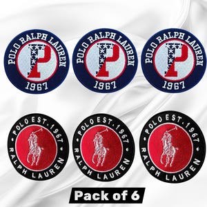 May include: A set of six circular embroidered patches. Three patches feature a red letter P with white stars on a light blue background, surrounded by a dark blue border with the text Polo Ralph Lauren 1967. Three patches feature a white polo player logo on a red background, with a black border reading Polo Est. 1967 Ralph Lauren.