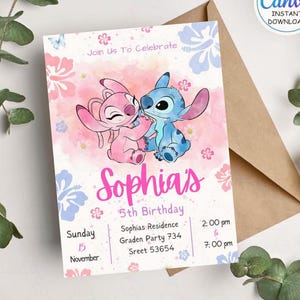 Könnte beinhalten: Eine rechteckige Geburtstagseinladungskarte mit rosa-blauem Aquarellhintergrund und Illustrationen von Stitch und Angel. Der Text lautet Join Us To Celebrate, Sophia's 5th Birthday, Sunday 15 November, Sophias Residence Graden Party 734 Sreet 53654, 2:00 pm to 7:00 pm.