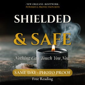 May include: A black candle in a cylindrical holder with a lit flame and rising smoke. Text reads: NEW ORLEANS ROOTWORK POWERFUL PROTECTION RITE, SHIELDED & SAFE, Nothing Can Touch You Now, SAME DAY PHOTO PROOF, Free Reading. The candle is dark and textured.