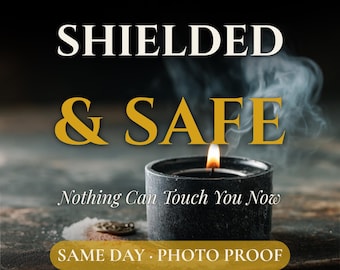 May include: A black candle in a cylindrical holder with a lit flame and rising smoke. Text reads: NEW ORLEANS ROOTWORK POWERFUL PROTECTION RITE, SHIELDED & SAFE, Nothing Can Touch You Now, SAME DAY PHOTO PROOF, Free Reading. The candle is dark and textured.