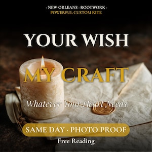 May include: A lit pillar candle with a textured surface sits beside a piece of parchment paper sealed with gold wax. Text reads: NEW ORLEANS ROOTWORK POWERFUL CUSTOM RITE, YOUR WISH MY CRAFT, Whatever Your Heart Needs, SAME DAY PHOTO PROOF, Free Reading.
