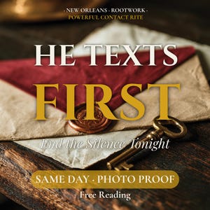 Peut inclure: Une enveloppe vieillie avec un rabat triangulaire rouge foncé scellé par un sceau en cire cuivrée, accompagnée d'une clé ancienne en laiton. Le texte indique : NEW ORLEANS ROOTWORK POWERFUL CONTACT RITE, HE TEXTS FIRST, End the Silence Tonight, SAME DAY PHOTO PROOF, Free Reading.