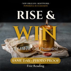 May include: A gold pillar candle with a lit flame, a brass compass, a metal key, and a red wax seal on a weathered map. Text reads: NEW ORLEANS ROOTWORK, POWERFUL SUCCESS RITE, RISE & WIN, Get Hired. Get Promoted., SAME DAY PHOTO PROOF, Free Reading.