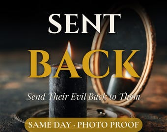 May include: A black pillar candle with a lit flame sits on a plate next to an oval mirror. Text reads: NEW ORLEANS ROOTWORK POWERFUL REVERSAL RITE, SENT BACK, Send Their Evil Back to Them, SAME DAY PHOTO PROOF, and Free Reading in white and gold.