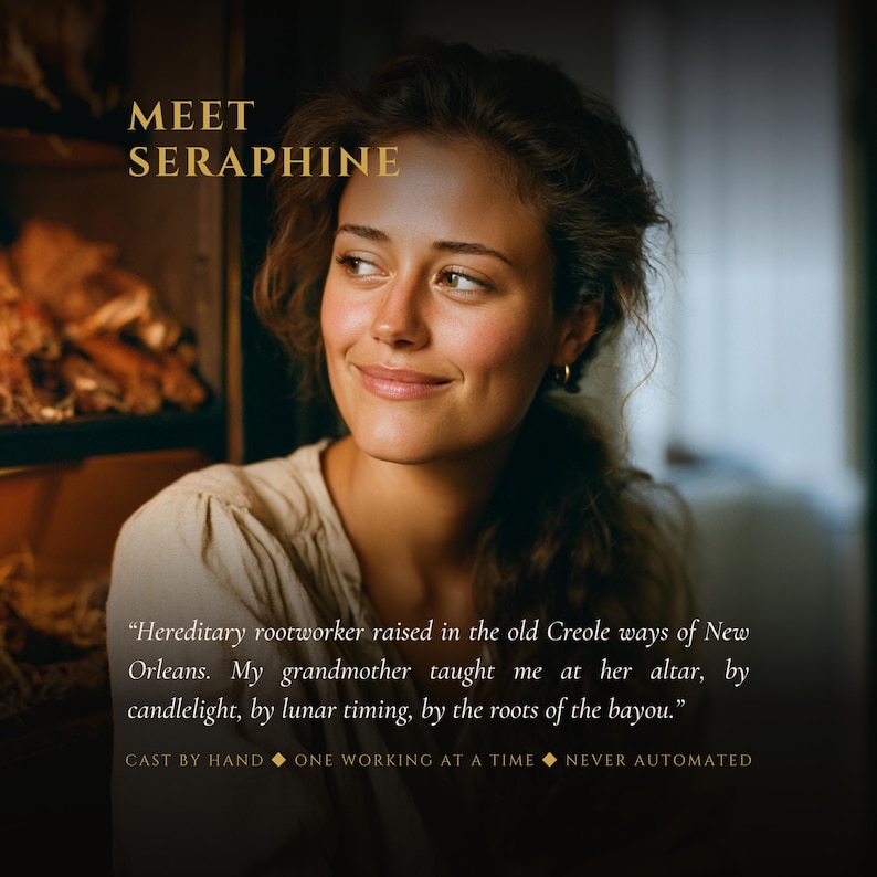Puede incluir: Un retrato de una persona con cabello casta&ntilde;o ondulado que viste una camisa beige. El texto dice: MEET SERAPHINE. Hereditary rootworker raised in the old Creole ways of New Orleans. My grandmother taught me at her altar, by candlelight, by lunar timing, by the roots of the bayou. CAST BY HAND ONE WORKING AT A TIME NEVER AUTOMATED.