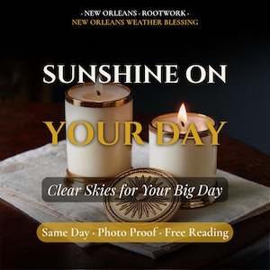 May include: Two white candles in glass jars with gold rims, one lit with a flame. A round gold metal lid with a sunburst design sits in front. Text reads: NEW ORLEANS ROOTWORK, NEW ORLEANS WEATHER BLESSING, SUNSHINE ON YOUR DAY, Clear Skies for Your Big Day.