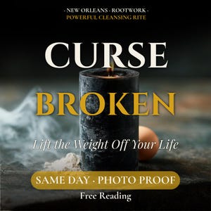 Puede incluir: Una vela de pilar negra con una mecha encendida, acompañada de un huevo marrón y un pequeño montón de polvo blanco. El texto dice: NEW ORLEANS ROOTWORK POWERFUL CLEANSING RITE, CURSE BROKEN, Lift the Weight Off Your Life, SAME DAY PHOTO PROOF, Free Reading.
