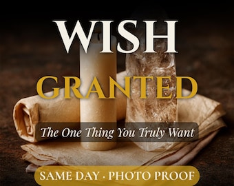 May include: A beige pillar candle and a clear, textured crystal point resting on a folded piece of light brown fabric. Text on the image reads: NEW ORLEANS ROOTWORK, POWERFUL MANIFESTATION RITE, WISH GRANTED, The One Thing You Truly Want, SAME DAY PHOTO PROOF.