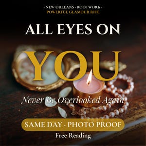 Puede incluir: Una vela de t&eacute; rosa encendida, un collar de perlas y un espejo de mano con borde dorado. El texto dice: NEW ORLEANS ROOTWORK POWERFUL GLAMOUR RITE, ALL EYES ON YOU, Never Be Overlooked Again, SAME DAY PHOTO PROOF, Free Reading.