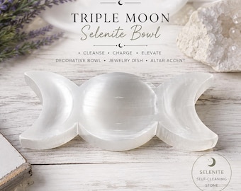 Triple Moon Selenite Charging Bowl | Crystal Charging Plate | Moon Phase Jewelry Dish | Altar & Crystal Decor | 6.1 Inch