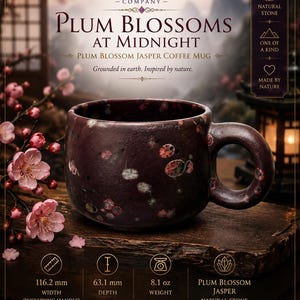May include: A dark purple Plum Blossom Jasper coffee mug with a round handle. The mug features natural stone inclusions and text reading Aura Stone Company, Plum Blossoms at Midnight, 116.2 mm width, 63.1 mm depth, and 8.1 oz weight.