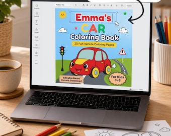 Libro da colorare personalizzato con auto, stampabile in PDF / Nome modificabile. Attività per bambini, veicoli, foto da colorare, regalo di compleanno, download digitale.