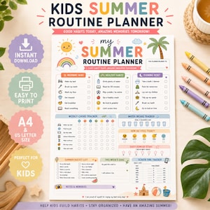 Può includere: Un pianificatore di routine estiva per bambini stampabile con sezioni per obiettivi mattutini, abitudini sane, routine serale, tracciamento delle faccende, assunzione di acqua, stelle premio, lista dei desideri estiva e tempo davanti allo schermo.