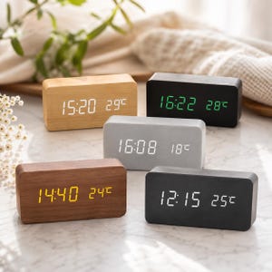 Wooden LED Digital Alarm Clock, Modern Bedside Clock with Temperature Display, Desk Clock for Bedroom, Office & Home