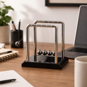 May include: A Newton's cradle desk toy featuring five polished silver metal spheres suspended by thin wires from a chrome-finished frame, mounted on a solid black rectangular base, with one sphere shown in motion away from the others.