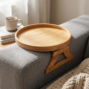 Wooden Sofa Arm Tray Table, Clip On Couch Side Table for Coffee Snacks and Remote, Space Saving Living Room Accessory
