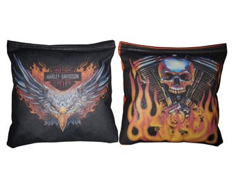 Vive libre o muere. Motocicletas Harley Davidson. Bolsas para el juego de lanzamiento de bolsas de maíz.