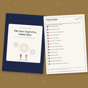 May include: A printable New Year's Eve games box set featuring a dark blue cover with fireworks and champagne glass illustrations, and a white interior page titled What's inside listing fourteen games including word search, trivia, and bingo.