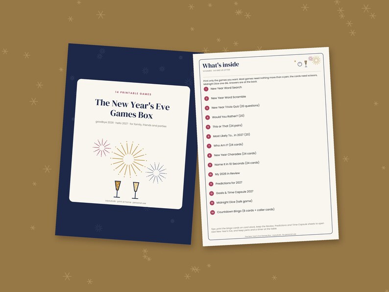 May include: A printable New Year's Eve games box set featuring a dark blue cover with fireworks and champagne glass illustrations, and a white interior page titled What's inside listing fourteen games including word search, trivia, and bingo.