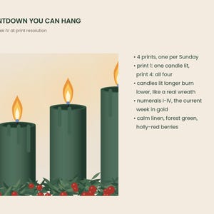 Puede incluir: Una impresi&oacute;n de cuenta regresiva con velas verde bosque, llamas encendidas y bayas rojo acebo. El texto incluye A COUNTDOWN YOU CAN HANG, detail of week IV at print resolution, y puntos sobre cuatro impresiones con velas y n&uacute;meros dorados.