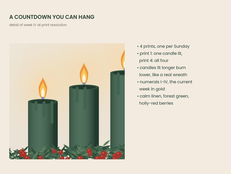 Puede incluir: Una impresi&oacute;n de cuenta regresiva con velas verde bosque, llamas encendidas y bayas rojo acebo. El texto incluye A COUNTDOWN YOU CAN HANG, detail of week IV at print resolution, y puntos sobre cuatro impresiones con velas y n&uacute;meros dorados.