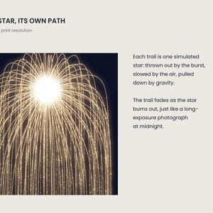 May include: A digital print titled EVERY STAR, ITS OWN PATH featuring a central burst of light with golden, downward-curving trails against a dark background. Text explains the simulation of star trails fading like a long-exposure photograph.