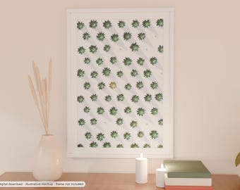 May include: A framed wall art print featuring a repeating pattern of green succulent plants on a white background, with one central gold-coloured succulent. The print is displayed in a white frame, accompanied by a vase of dried reeds and candles.