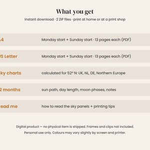 May include: A digital product information chart titled What you get. It lists A4 and US Letter PDF files with Monday or Sunday starts, 13 pages each. Includes sky charts for 52 degrees N, 12 months of sun path, day length, moon phases, and notes.