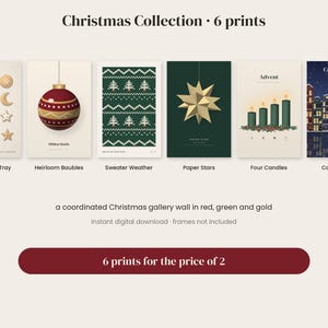 May include: A set of six digital art prints titled Christmas Collection. The prints feature illustrations of holiday cookies, a red bauble, a green sweater pattern, a gold paper star, four Advent candles, and a night scene of canal lights.