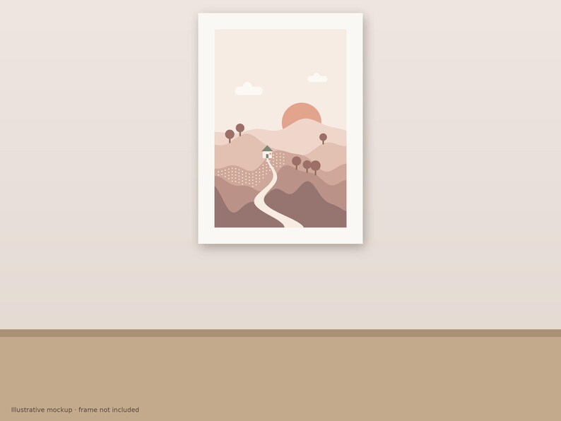 May include: A vertical wall art print featuring a landscape illustration with layered hills in shades of brown and beige. A winding path leads to a small house, with a large sun, two clouds, and stylized trees set against a light background.