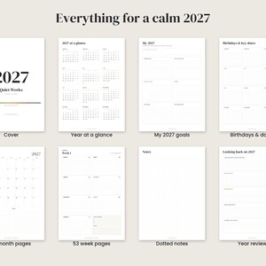 May include: A 2027 planner set titled Everything for a calm 2027, featuring a cover, year at a glance, goal pages, birthday and key date logs, monthly calendar pages, weekly layouts, dotted note pages, and a year review section.