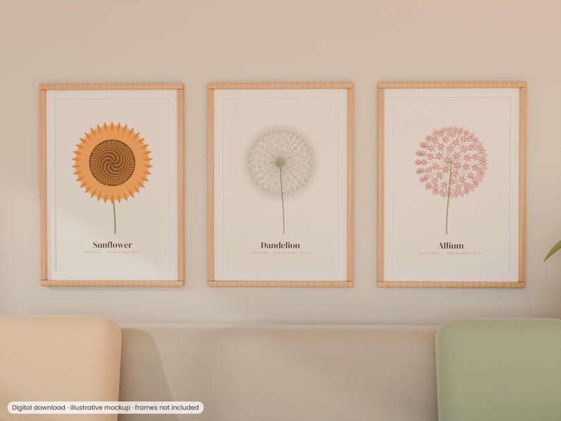 Op de afbeelding: Drie verticale wandposters in lichte houten lijsten. De linker poster toont een oranje zonnebloem, de middelste een witte paardenbloem en de rechter een roze allium. Elke poster bevat de naam van de plant in zwarte letters.