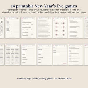 May include: A collection of 14 printable New Year's Eve games including word search, scramble, trivia, would you rather, this or that, most likely to, who am I, charades, name it in 10 seconds, year in review, predictions, time capsule, midnight dice, and bingo.