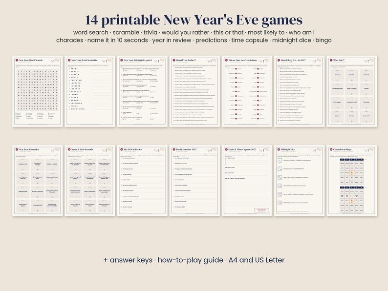 May include: A collection of 14 printable New Year's Eve games including word search, scramble, trivia, would you rather, this or that, most likely to, who am I, charades, name it in 10 seconds, year in review, predictions, time capsule, midnight dice, and bingo.