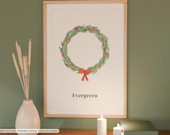 Christmas Wreath Print, Evergreen Wreath Wall Art, Holiday Printable, Minimalist Christmas Decor, Winter Door Sign Poster, 2 Colors