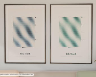 May include: Two framed posters titled Tide Month, one featuring a blue gradient wave pattern and the other a green gradient wave pattern. Both prints display lunar phase icons along the right side and horizontal data lines.