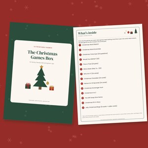 May include: A printable Christmas games set featuring a dark green cover with a white rectangle displaying the text The Christmas Games Box and a tree graphic, alongside a white page titled What's inside listing fourteen holiday activities.